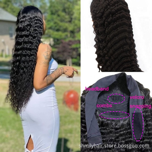 Shmily Factory Wholesale Deep Wave Headband Human Hair Wigs For Black Women Brazilian Hair Glueless Remy Curly Human Hair Wigs